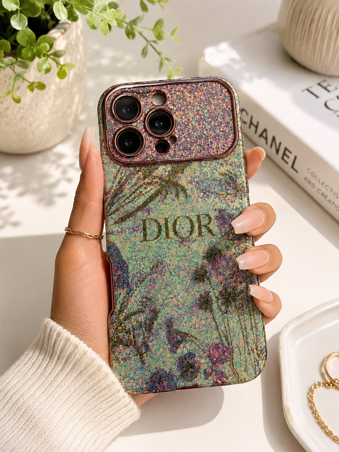 Luxury Glitter Floral Dior Phone Case – iPhone 16 Pro Max & 17 Pro Max