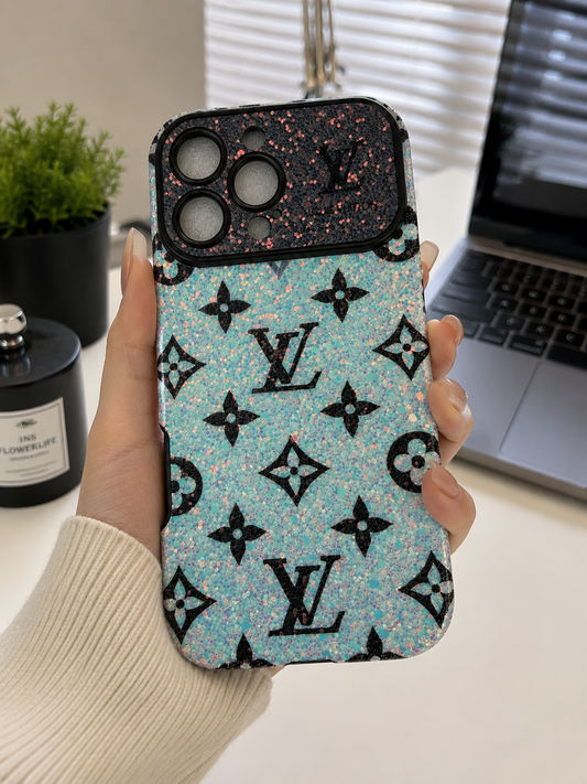Luxury Glitter Monogram Phone Case – Black & Mint | iPhone 16 Pro Max & 17 Pro Max
